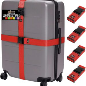 GORILLA GRIP Heavy Duty Luggage Straps for Suitcase, 4 Pack, Red